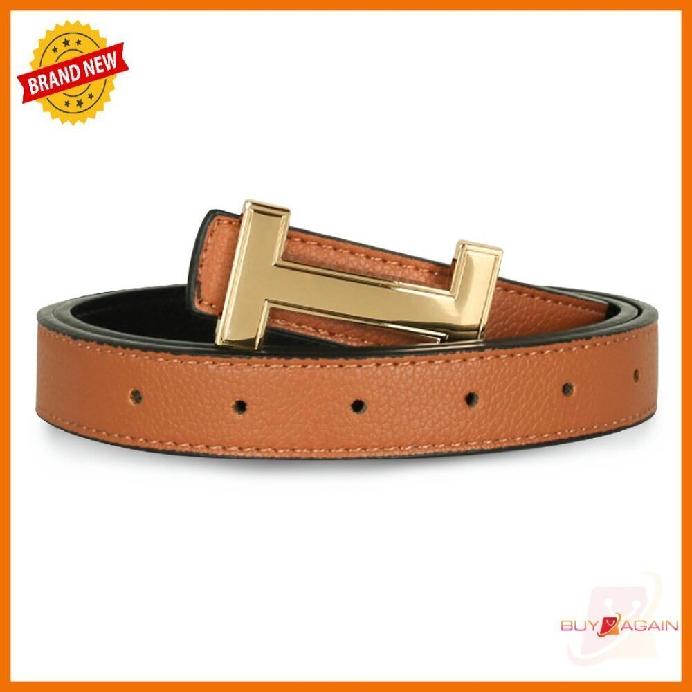 Women's Leather Belt with Gold Buckle, Versatile Waist Band, Size 24-36